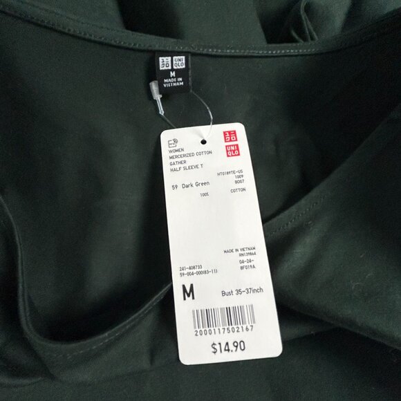 Uniqlo Womens Dark Green Mercerized Cotton Gather Half Sleeve Top Medium New - Picture 3 of 9